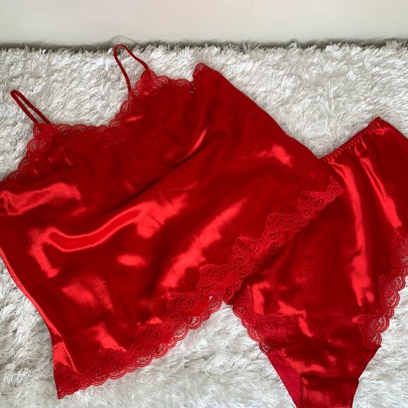 Red Satin Sleep Set Delicates Lace Trimmed Sz Large Pajamas - Picture 3 of 9
